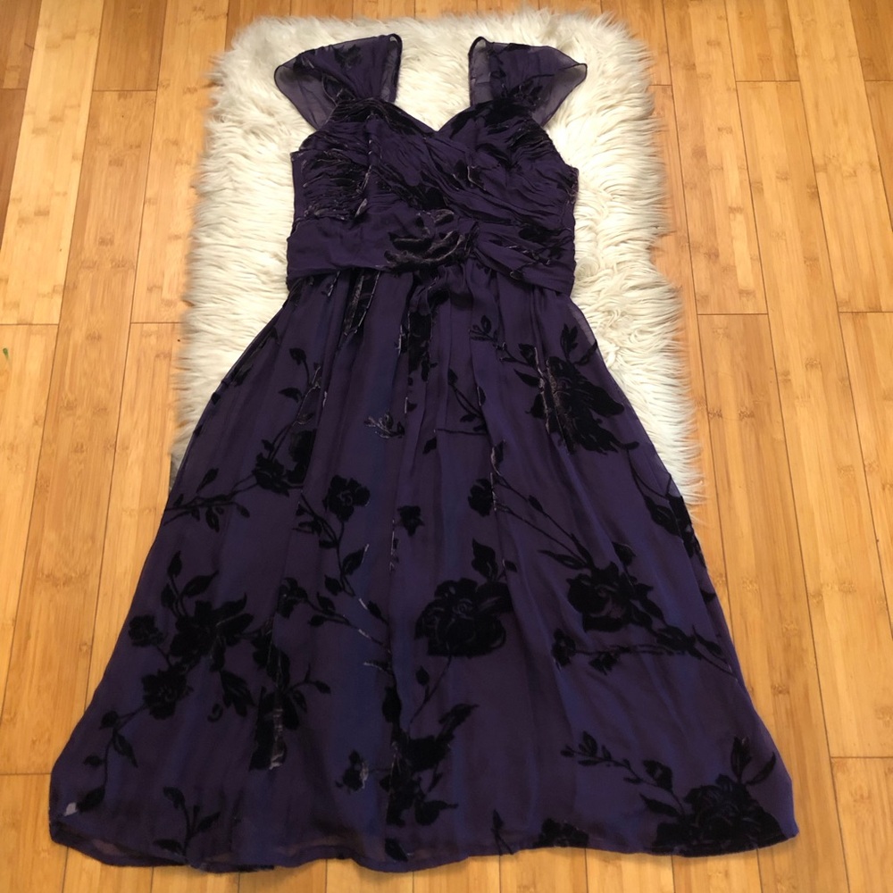 Vintage JS Collections Burntout Jacquard Pleated Purple Floral Cocktail Dress 6P